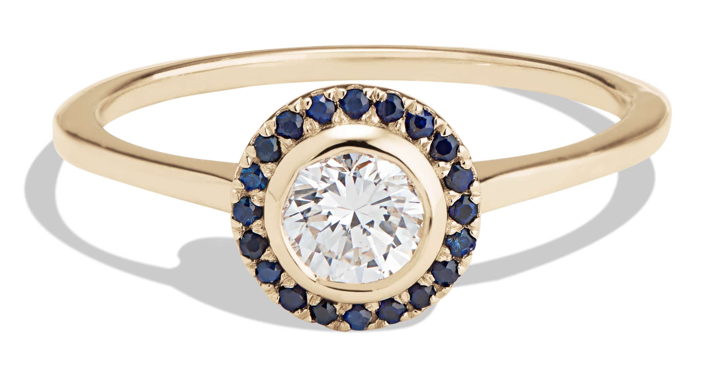 Custom Brilliant Cut Diamond and Blue Sapphire Halo Ring