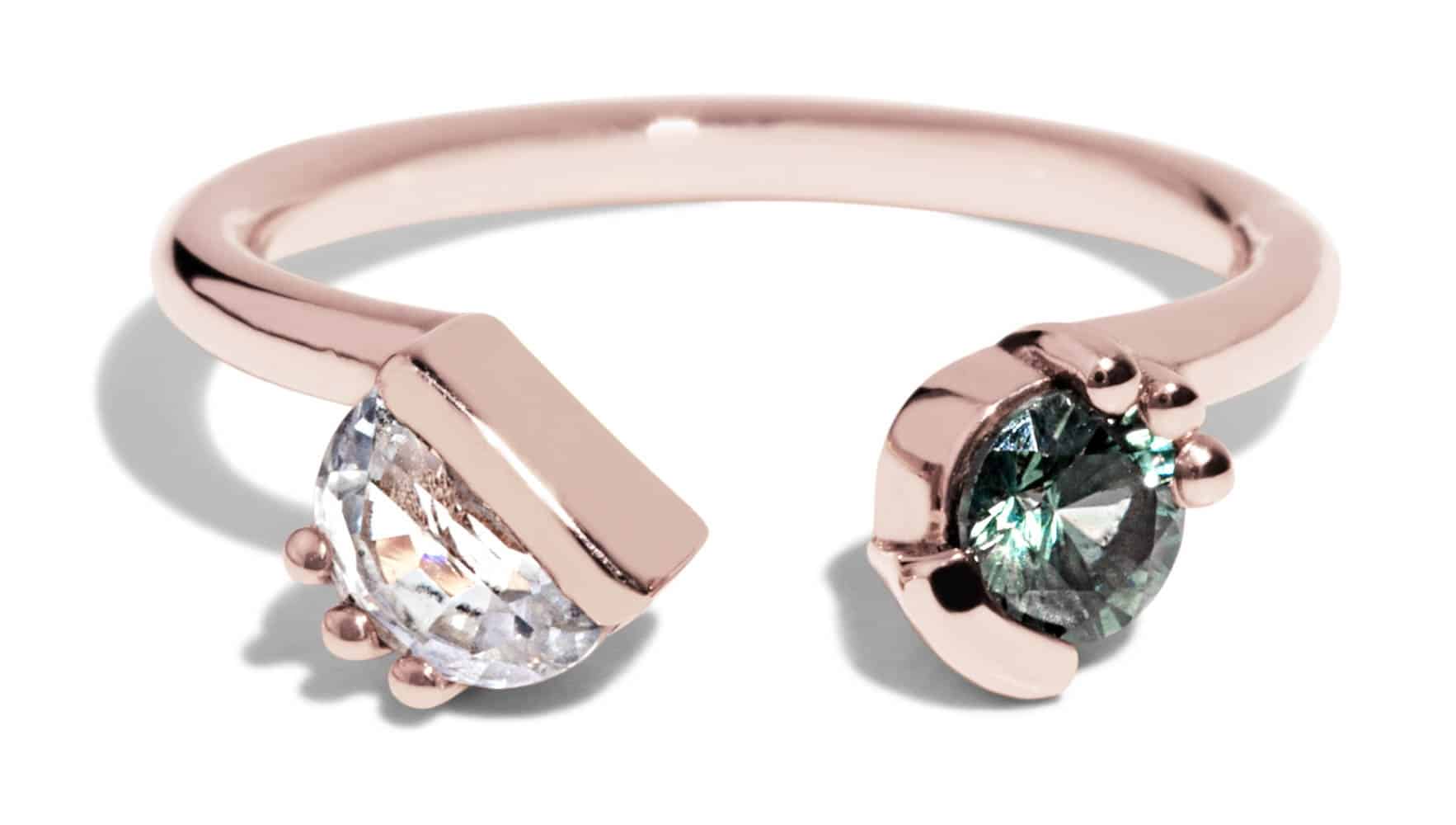 Custom White and Blue Green Sapphire Open Ring