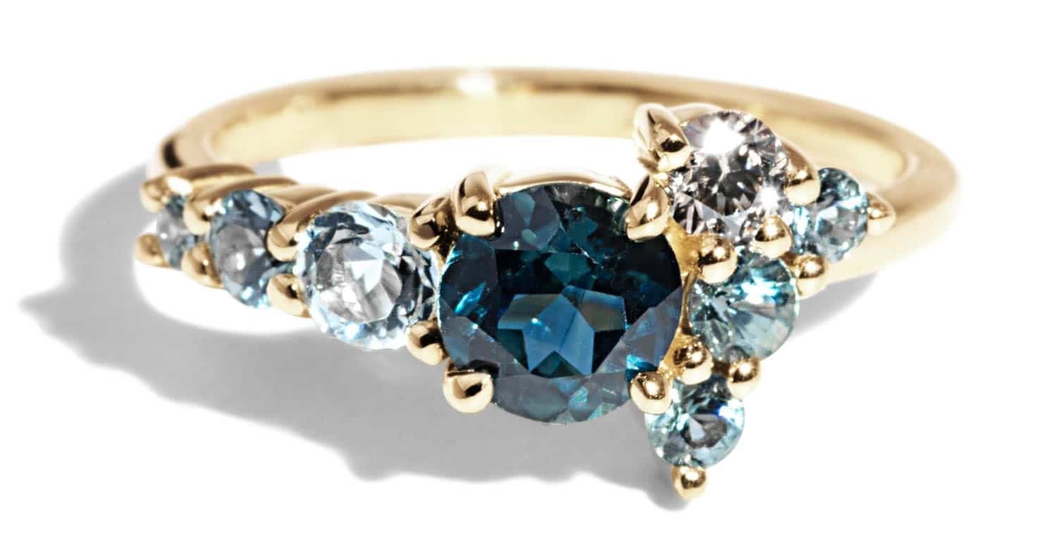 Custom Blue Green Sapphire and Aquamarine Cluster Ring