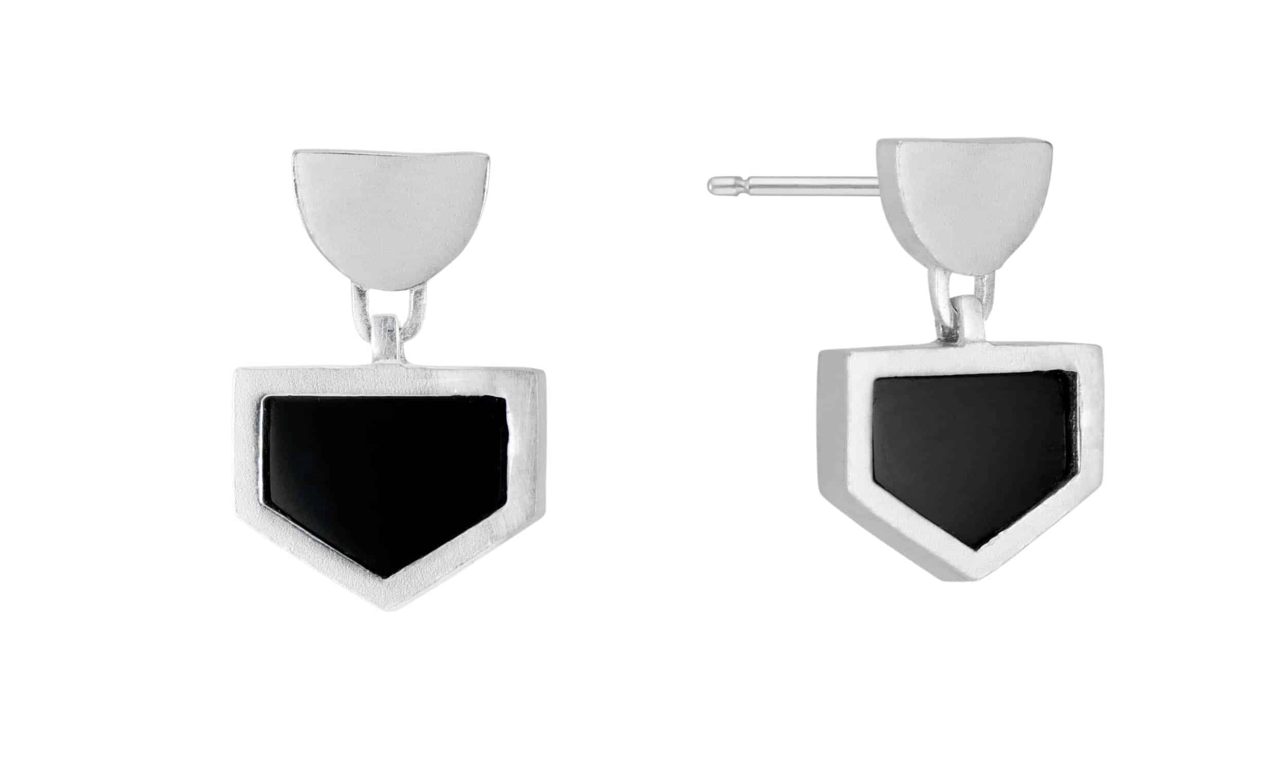 Shield Black Jade Slice Earrings Silver