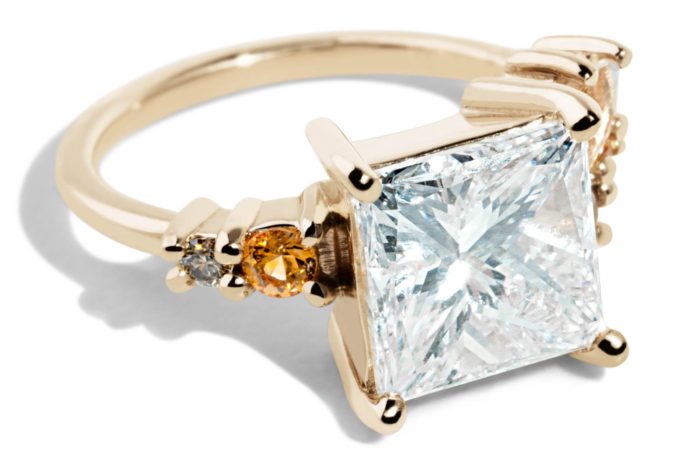 Custom Princess Cut Diamond and Apricot Sapphire Cluster Ring - Image 2