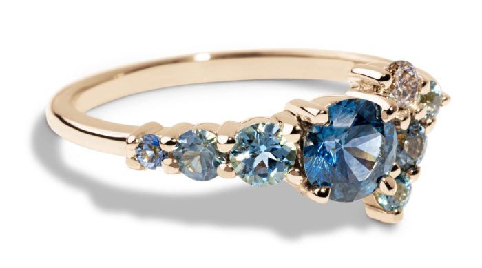 Custom Blue Green Sapphire and Champagne Diamond Cluster Ring - Image 2