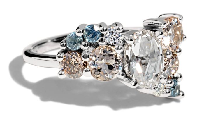 Custom Champagne Diamond, Morganite, and Sapphire Cluster Ring - Image 2