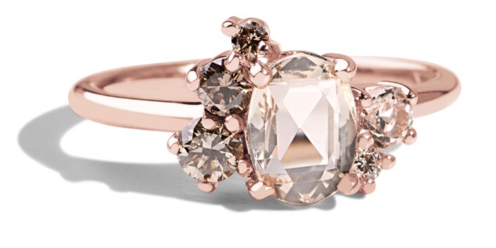 Custom Rose Cut Morganite and Champagne Diamond Cluster Ring - Image 2