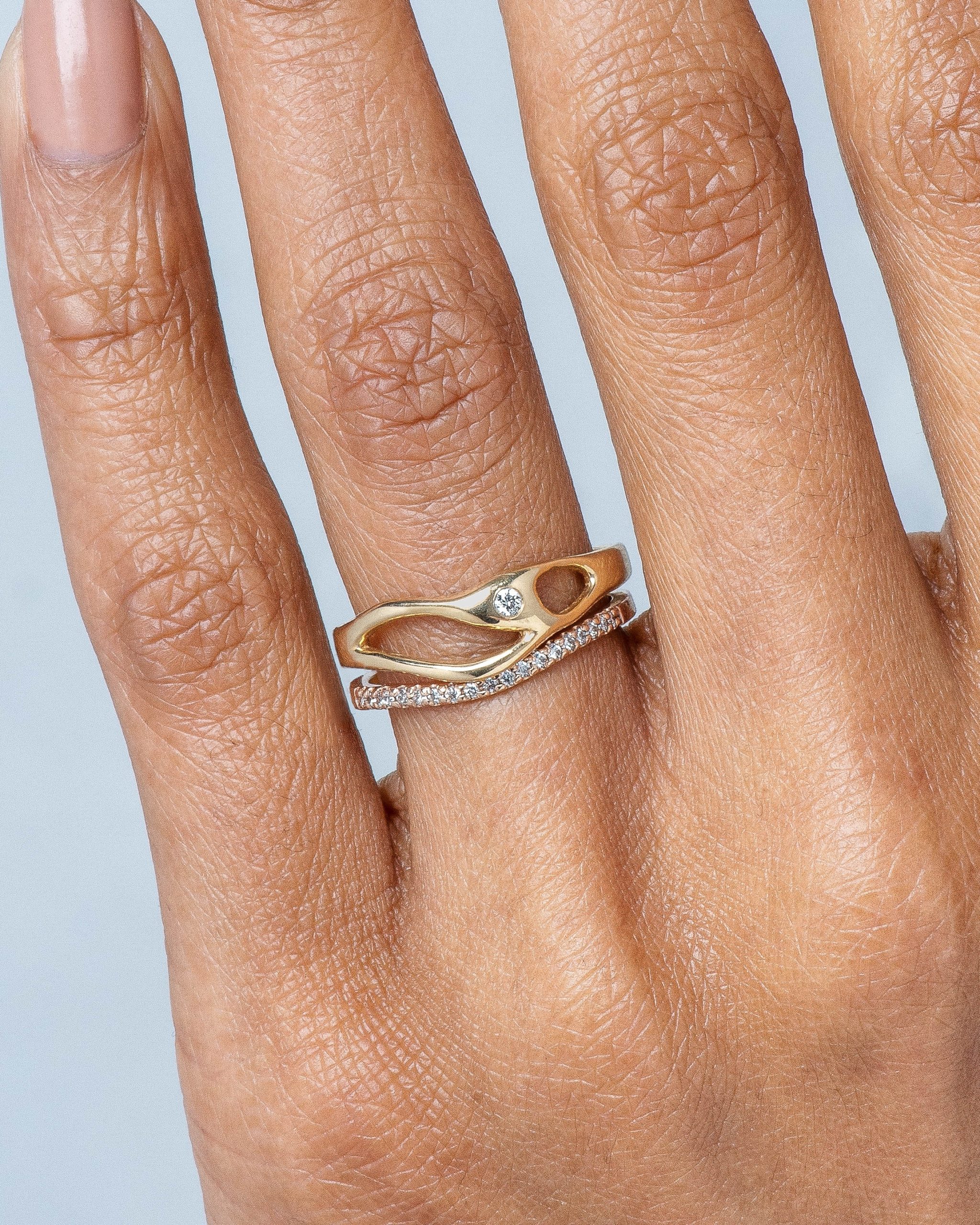Bend Diamond Ring and Eternity Half Curved Diamond Band on figure