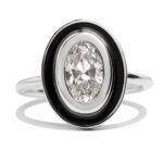 Custom Oval Cut Diamond and Black Enamel Halo Ring