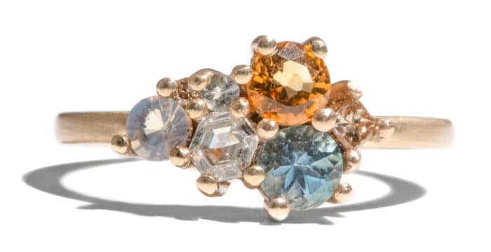 Custom Aquamarine and Citrine Cluster Ring in 14kt Yellow Gold