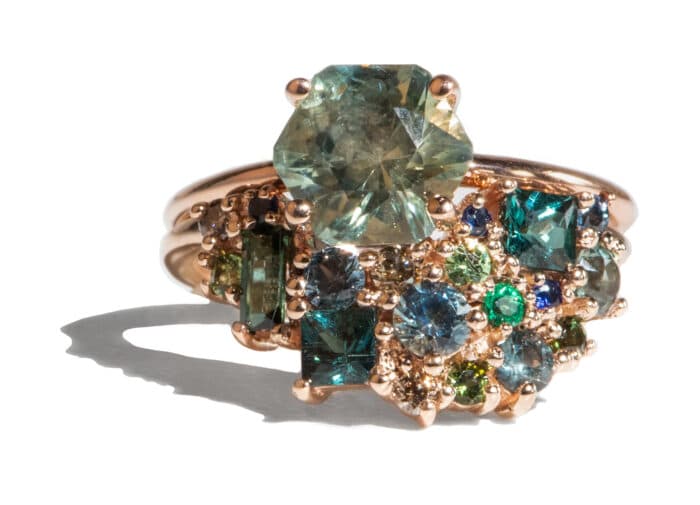 Custom Tourmaline, Blue Green Sapphire, and Diamond Cluster Band - Image 2