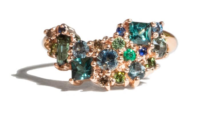 Custom Tourmaline, Blue Green Sapphire, and Diamond Cluster Band