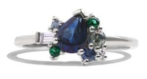 Custom Pear Cut Blue Sapphire and Emerald Cluster Ring