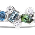 Custom Aquamarine and Green Tourmaline Linear Cluster Ring