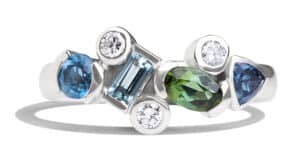 Custom Aquamarine and Green Tourmaline Linear Cluster Ring