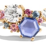 Custom Hex Cut Blue Sapphire and Diamond Cluster Ring