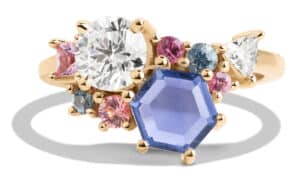 Custom Hex Cut Blue Sapphire and Diamond Cluster Ring