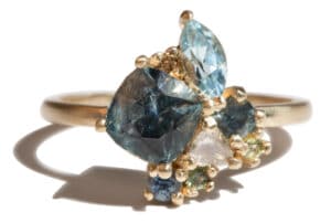 Custom Blue Green Sapphire and Aquamarine Cluster Ring