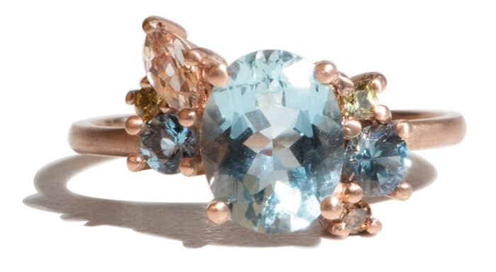 Custom Oval Cut Aquamarine and Yellow Sapphire Cluster Ring