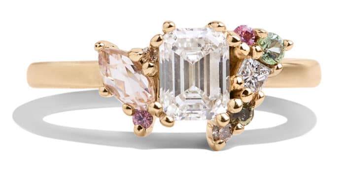 Custom Emerald Cut Diamond and Pink Sapphire Cluster Ring