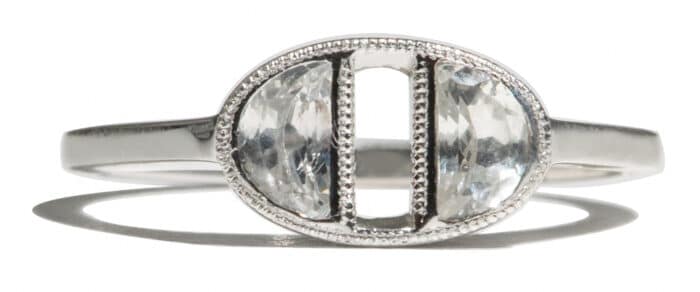 Custom Half Moon White Sapphire Dyad Ring in 14kt White Gold