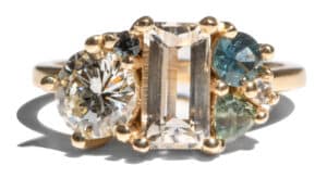 Custom Emerald Cut White Sapphire and Blue Green Sapphire Cluster Ring in 14kt Yellow Gold