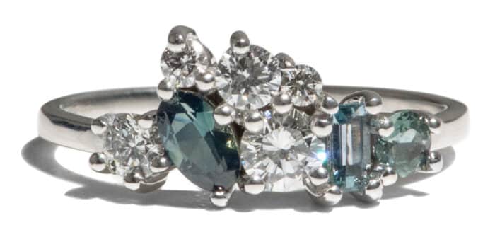 Custom Diamond and Blue Green Sapphire Cluster Ring in Platinum