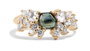 Custom Hex Cut Green Sapphire and Diamond Curved Band