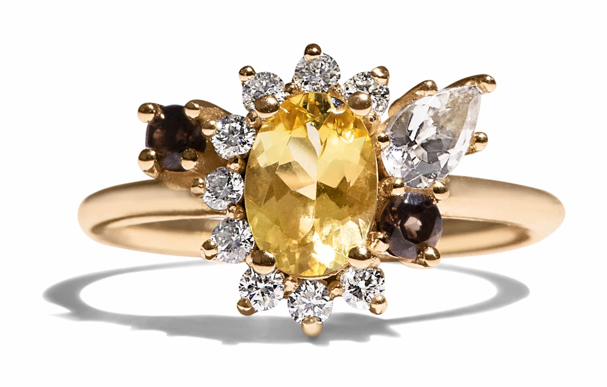 Custom Heliodor, Diamond, and Smokey Quartz Halo Ring in 14kt Yellow Gold