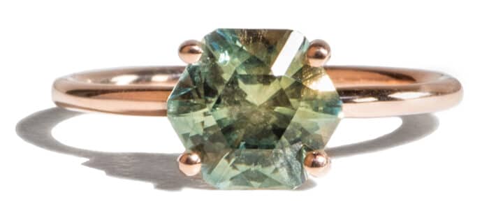 Custom Hex Green Sapphire Solitaire Ring in 14kt Rose Gold