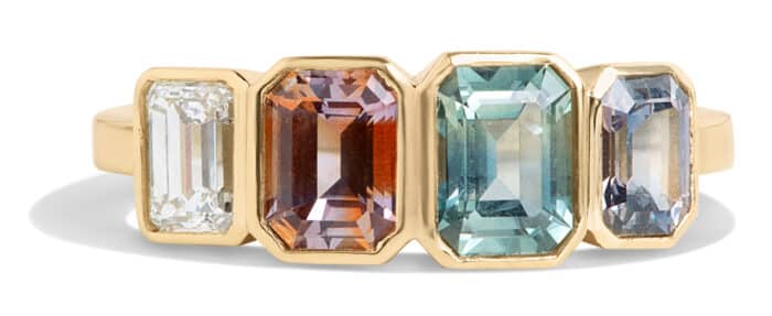 Custom Emerald Cut Bi-Color Sapphire and Diamond Linear Ring