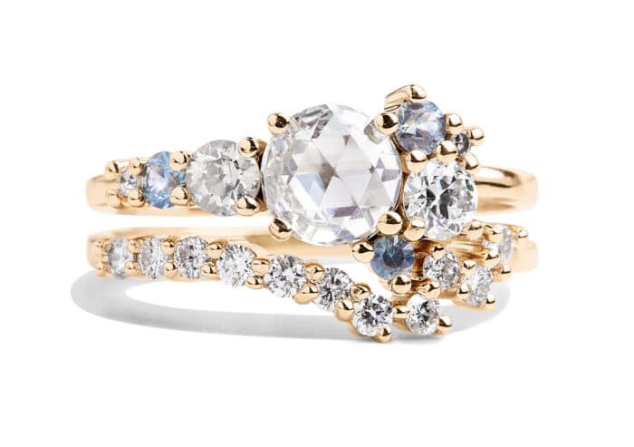 Custom Rose Cut Diamond and Blue Green Sapphire Cluster Ring - Image 2