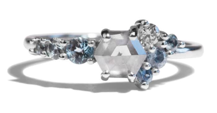 Custom Salt and Pepper Diamond and Blue Green Sapphire Cluster Ring