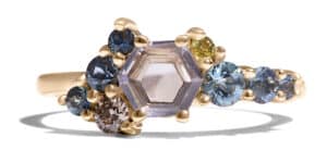 Custom Hex Cut Sapphire and Aquamarine Cluster Ring