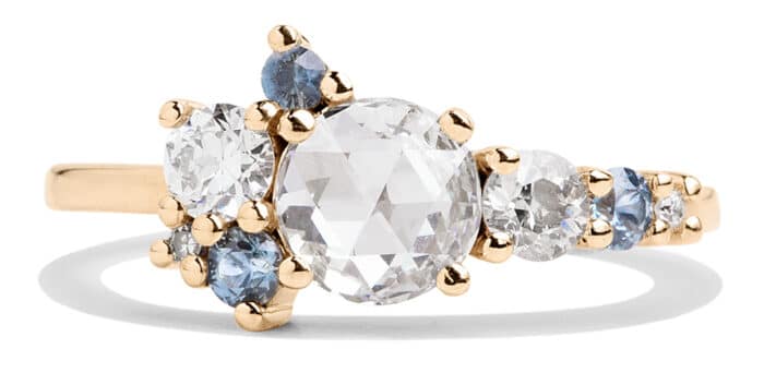 Custom Rose Cut Diamond and Blue Green Sapphire Cluster Ring in 14kt Yellow Gold