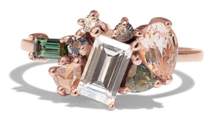 Custom Emerald Cut White Sapphire and Morganite Cluster Ring