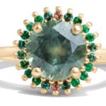 Custom Yellow Green Sapphire and Emerald Halo Ring