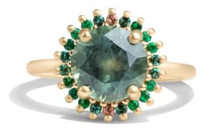 Custom Yellow Green Sapphire and Emerald Halo Ring