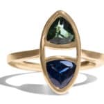 Custom Trillion Cut Tourmaline and Blue Green Sapphire Dyad Ring