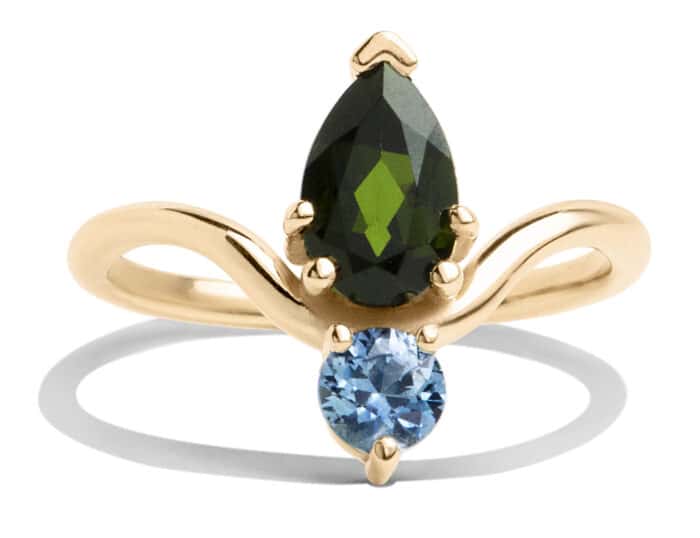 Custom Tourmaline and Sky Blue Sapphire Vertical Ring in 14kt Yellow Gold
