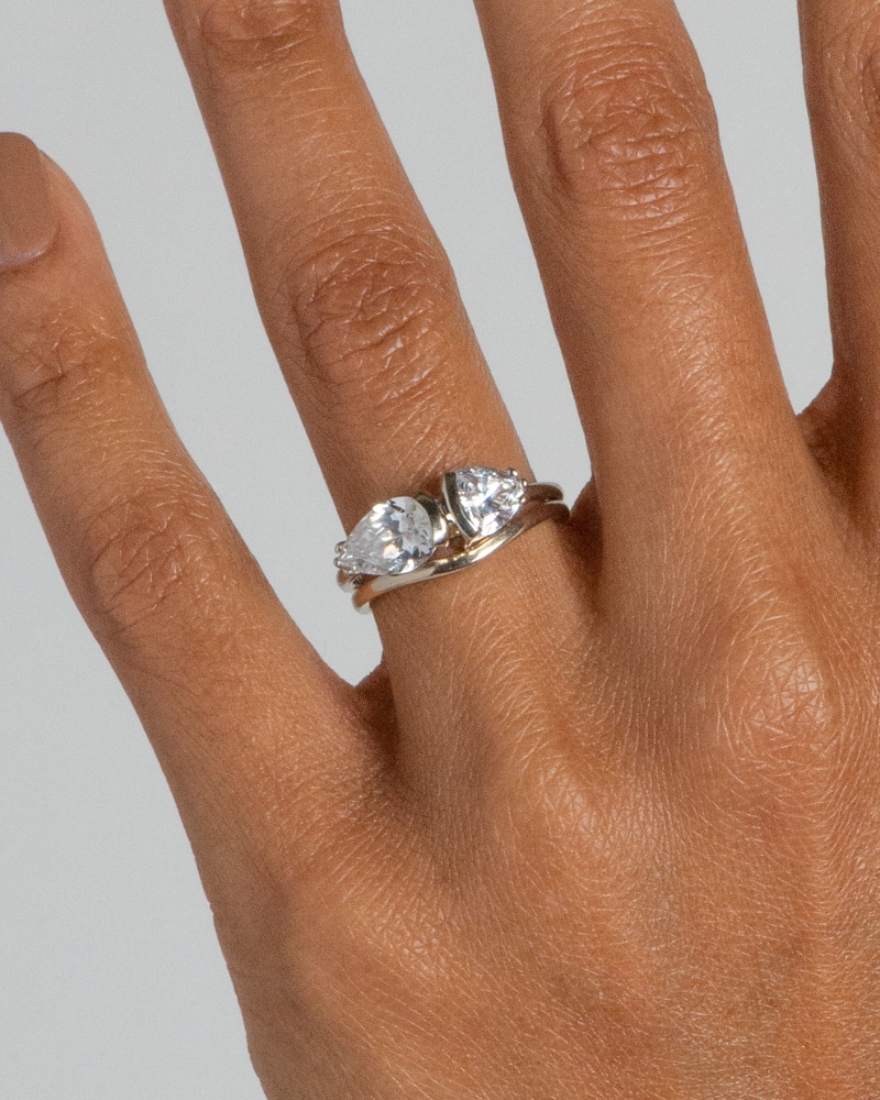 Lash Pear Trillion Diamond Ring with Milla Curved Band on figure