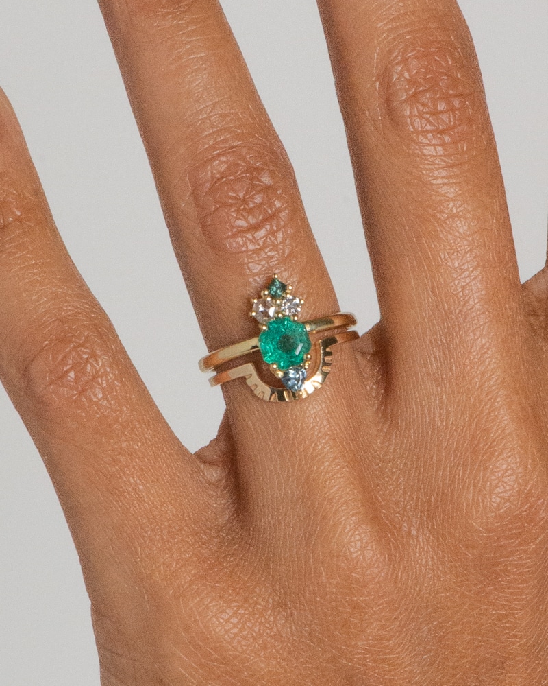 Vertical Octagonal Emerald Ring with Ray Fringe Band on figure