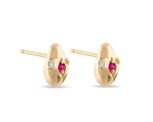 Serpent Diamond and Ruby Studs Yellow Gold