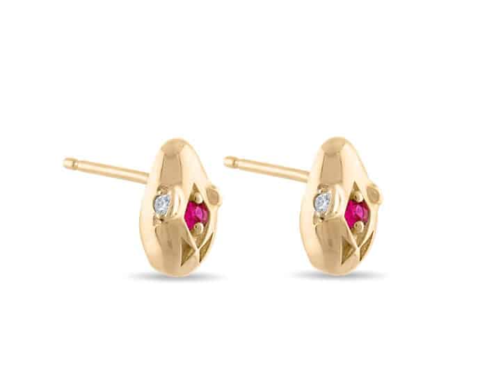 Serpent Diamond and Ruby Studs Yellow Gold