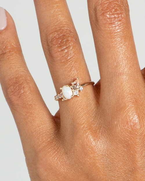 Custom Opal and Peach Sapphire Cluster Ring on figure