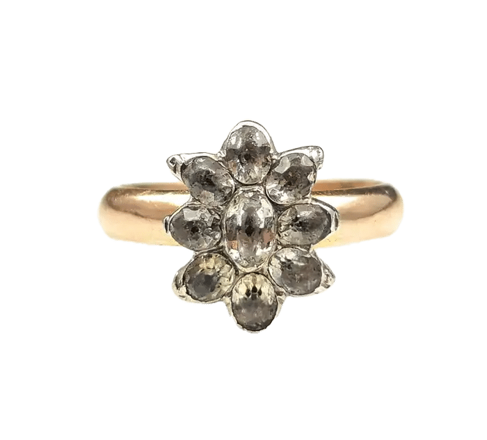 This antique Georgian era black dot paste cluster ring is delicately charming.
It is a conversion piece, the black dot paste, floral shaped cluster hailing from the Georgian era is set into cool sterling silver, likely converted from a brooch or a lace pin.