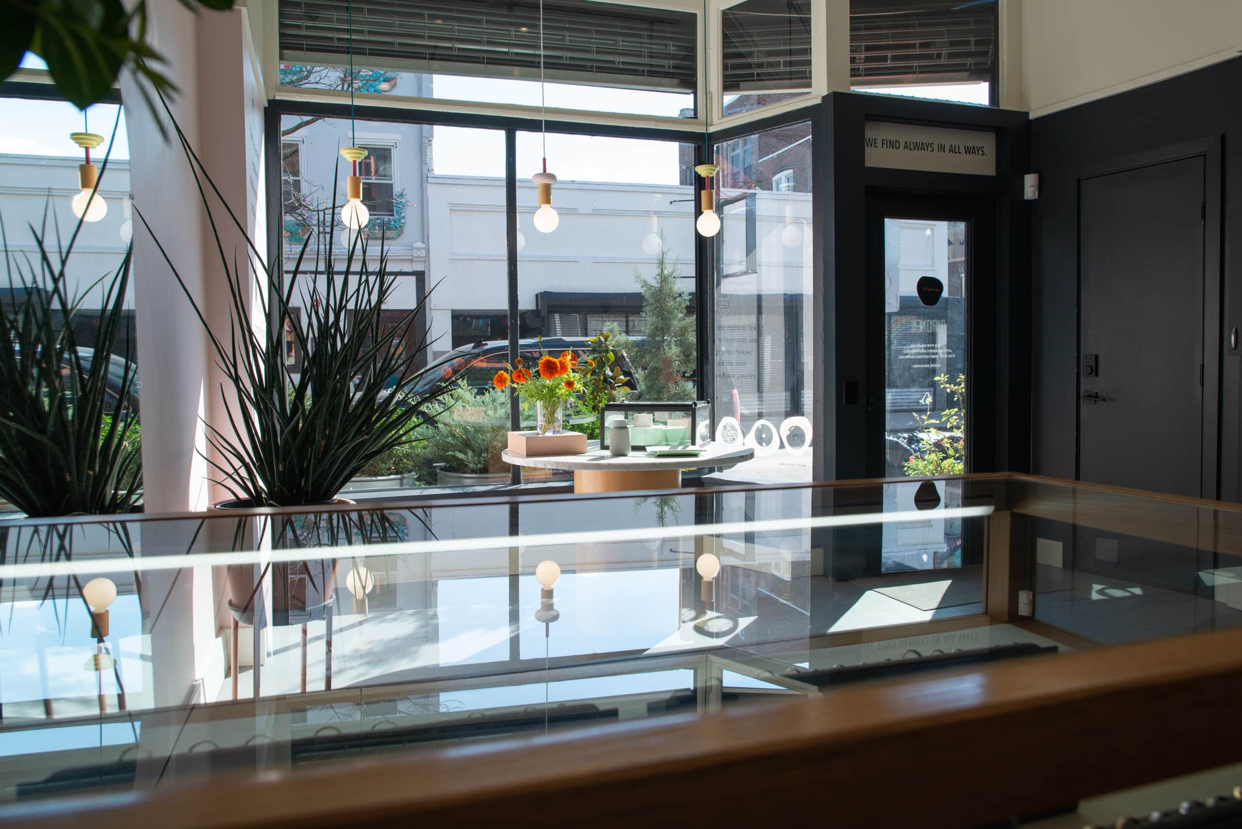 ring counter and the front of a store.