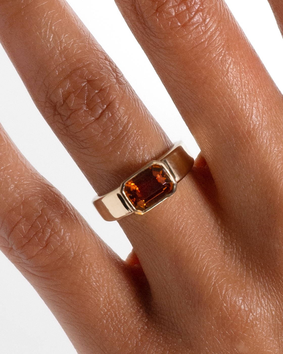 Allium Emerald Cut Golden Tourmaline Ring_On Figure_Solo_WEB2