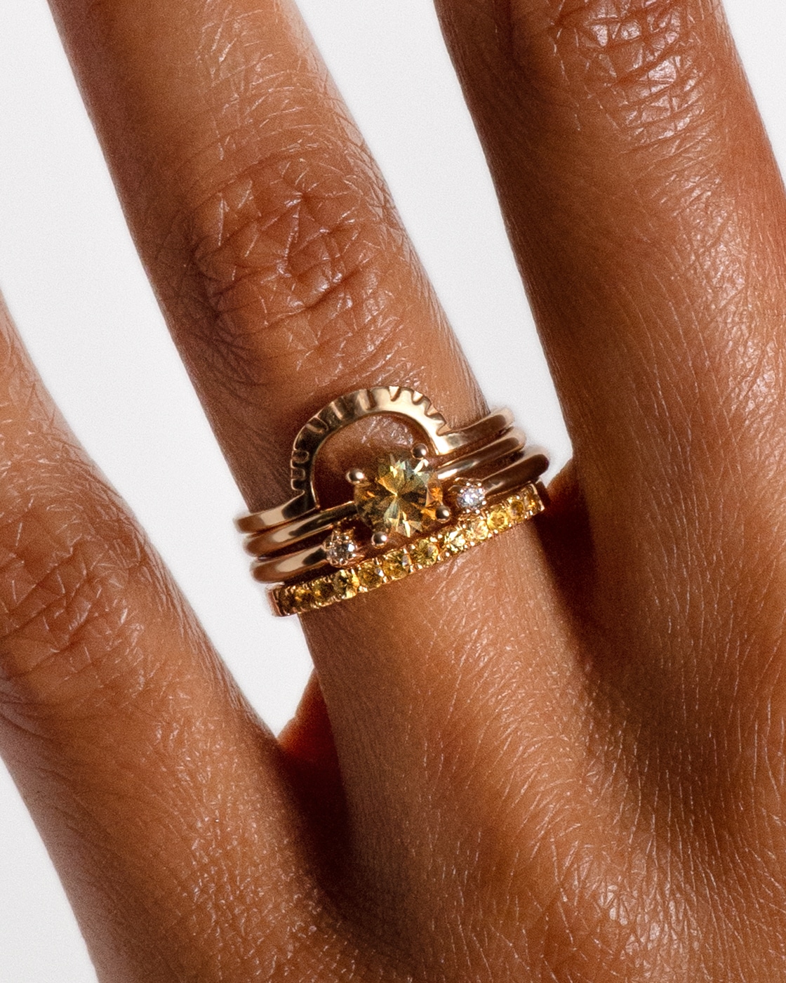 Kalmia Bi-Color Sapphire Ring, Ray Fringe Band, Open Lash Mini Diamond Ring, Eternity Half Yellow Sapphire Wide Band on figure