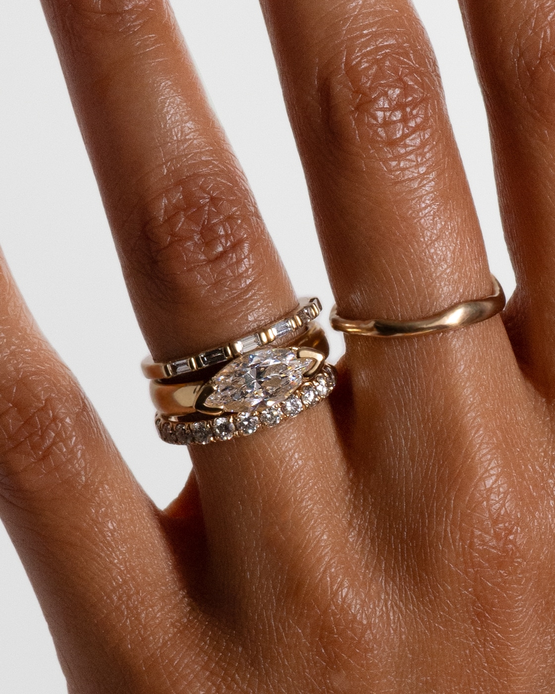 Nikko Marquise Cut Diamond Ring, Baguette Demi Diamond Band, Eternity Diamond Band 3mm, Reticulated One Band on figure