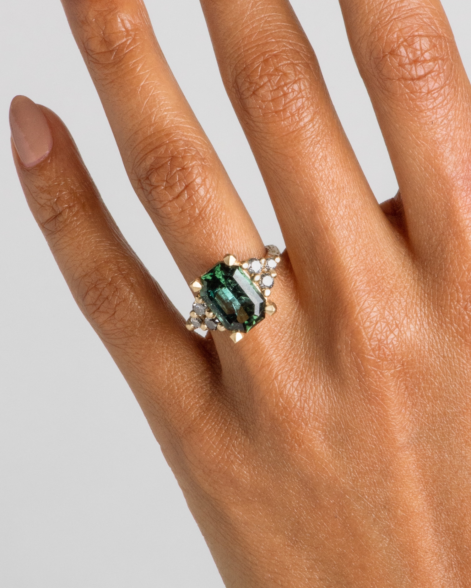 Custom Tourmaline and Salt and Pepper Diamond Ring