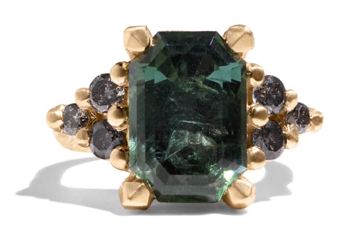 Custom Tourmaline and Salt and Pepper Diamond Ring