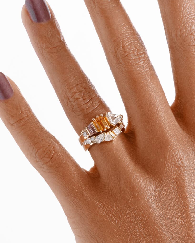 Fusion Diamond Band with Fusion Shield Cut Diamond and Apricot Sapphire Ring on Figure